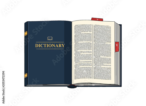 Fotografia Open Dictionary Book with Blue Cover and Gold Lettering Illustration