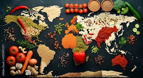 World map made of various food ingredients and spices on black background