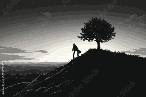 Cuadro en lienzo Solo traveler standing on hill looking over vast mountain landscape at dusk