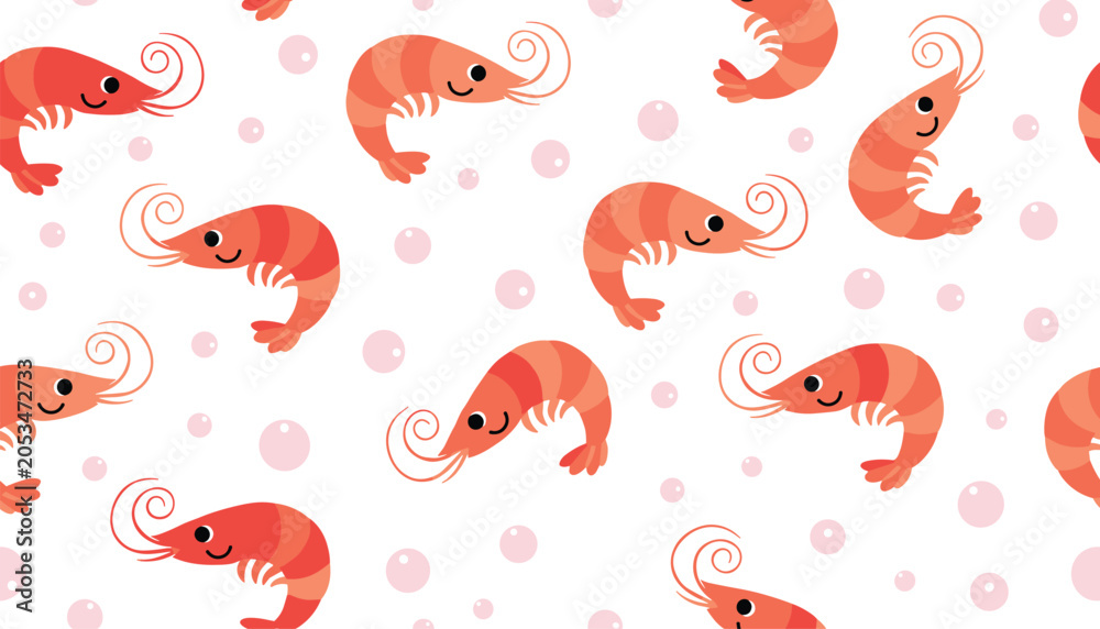 Naklejka premium Adorable cartoon pink shrimps and water bubbles seamless repeating pattern illustration on a clean white background.