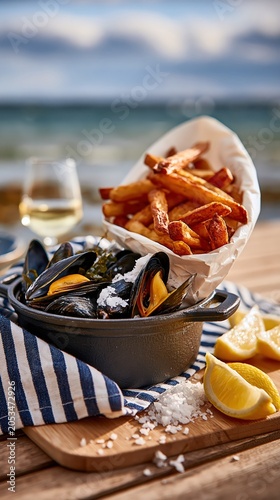 Steaming mussels with french fries and white wine overlooking the sea