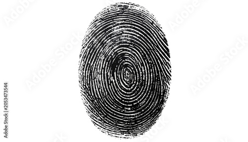 Close-up studio shot of a monochrome fingerprint on a stark black background. It appears to be a digital rendering of the whorls