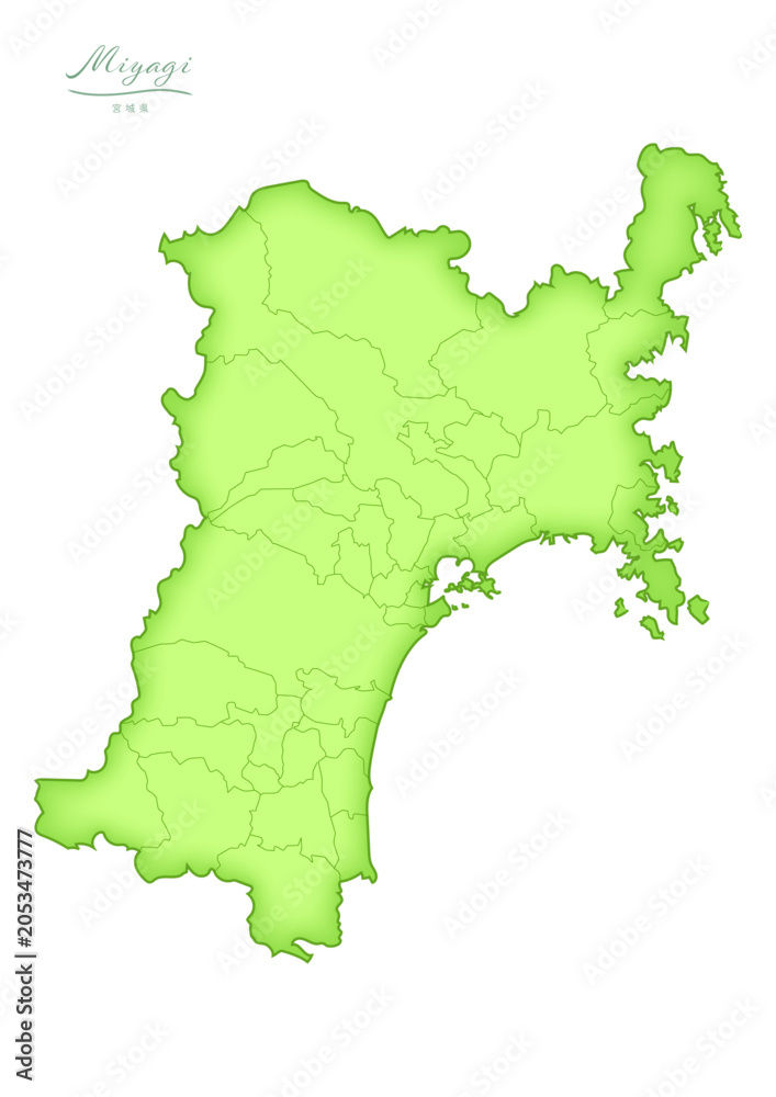 Obraz premium 立体感のある日本の宮城県の地図。A three-dimensional map of Miyagi Prefecture, Japan.