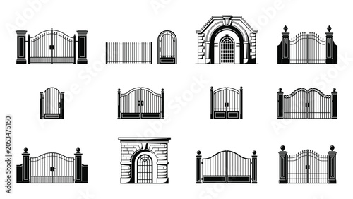 Quadro su tela Wrought Iron Gates Silhouette Featuring Ornate Black and White Architectural Des