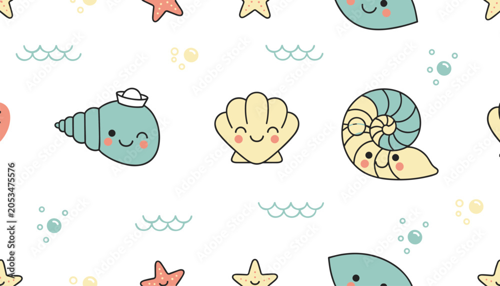 Obraz premium Sea theme seamless pattern with cute smiling shells, starfishes, and wave lines on a white background, perfect for kids.
