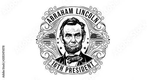 Photos Vintage Emblem Featuring a Detailed Portrait Illustration of the Sixteenth Ameri