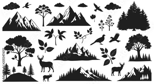 Diverse collection of mountain ranges, forests, and wildlife illustrations