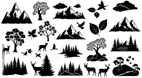 Nature silhouette elements set with forest trees mountains and wild deer