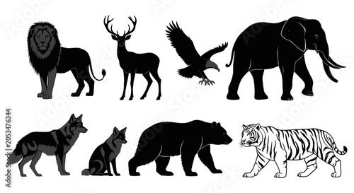 Collection of Detailed Wild Animal Silhouettes Featuring Diverse Mammals and Birds for Nature Design