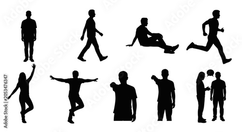 Collection of diverse black silhouettes showing people in various active and static poses