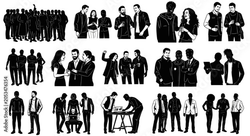 Stylized vector illustrations featuring diverse groups of people in various social settings and interactions