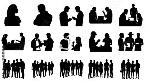 Vector silhouettes of business people in groups, pairs, and individual poses
