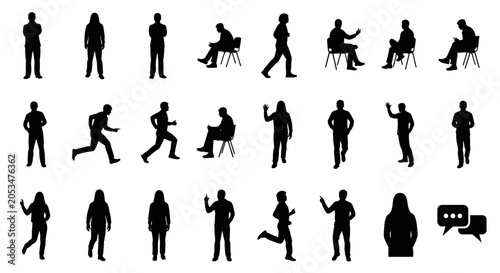 Set of black silhouettes of people in various poses and activities
