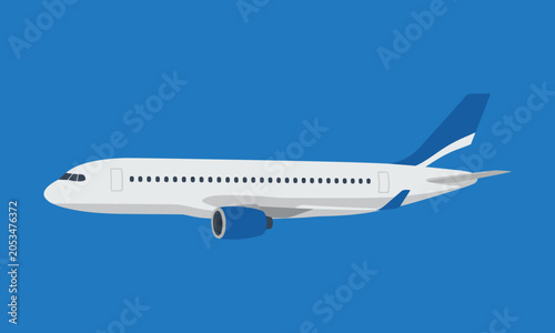 Commercial passenger airplane flying in the blue sky side view flat vector illustration design