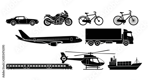 Collection of Transportation Vehicle Silhouettes for Modern Graphic Design and Logistics Projects