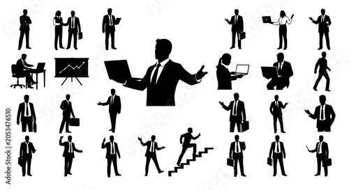 Vector Silhouettes of Business Professionals in Various Poses for Corporate Designs and Success Concepts