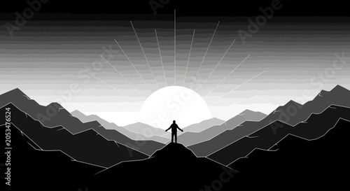 Silhouette of a Person Standing on Mountain Peak Facing a Radiant Rising Sun Horizon Illustration