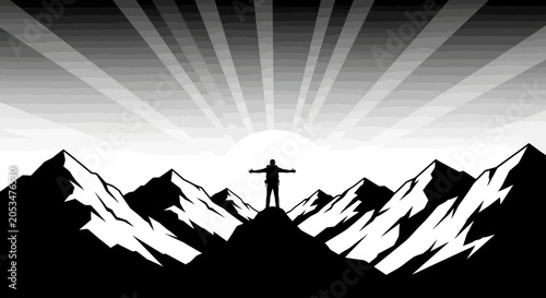 Silhouette of a person standing on a mountain peak with arms raised, bathed in sunrays