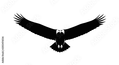 Silhouette of a majestic eagle in flight, wings spread wide against a white background
