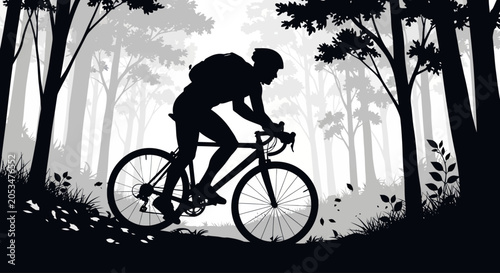 Silhouette of a Cyclist Riding a Mountain Bike Along a Scenic Forest Trail Outdoor Adventure