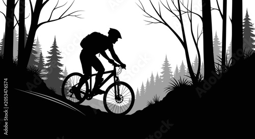 Dynamic silhouette of a mountain biker conquering forest trails, embodying adventure and freedom in nature's embrace