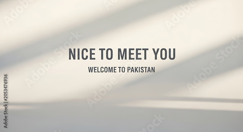 A clear digital display of the welcoming phrases NICE TO MEET YOU and WELCOME TO PAKISTAN presented in a modern legible sans-serif font offering a warm introductory message to new visitors