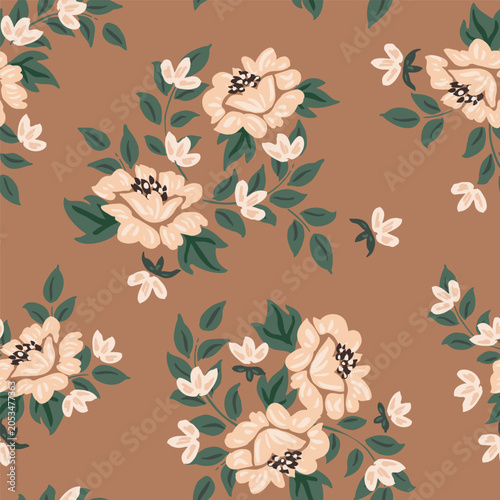 Beautiful hand painted boho garden of wild roses and leaves as a bohemian maximalist floral design in colors of cream, off white, green and brown. Botanical seamless vector pattern.Great for wallpaper