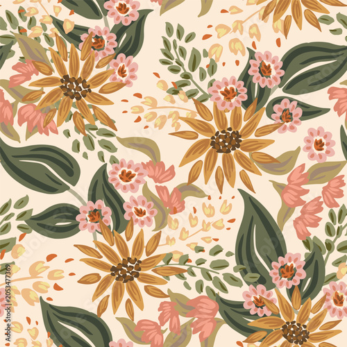 Pretty hand painted boho flower bunch with leaves as a maximalist bohemian floral design in colors of yellow, pink, green, brown and beige. Botanical seamless vector pattern. Great for home decor, etc
