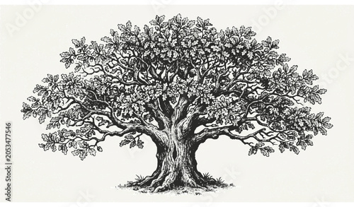 Vintage Oak Tree with Leaves Hand Drawn Sketch Vector Illustration Isolated on White Background