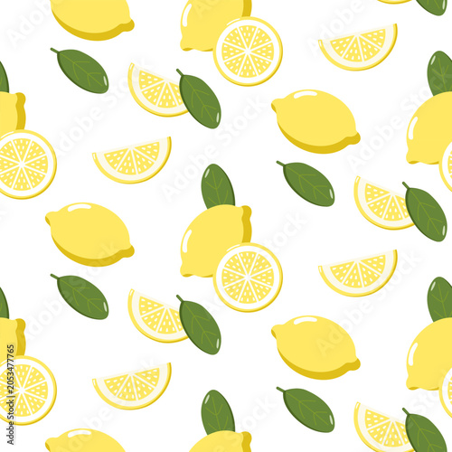 Fotografie Seamless pattern of whole lemons, slices, halves, and green leaves scattered on