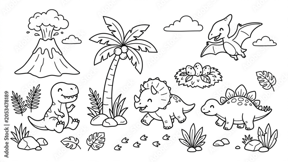 Fototapeta premium Cute Baby Dinosaur Island Line Art Vector Set Volcano, Palm Trees and Prehistoric Friends Collection