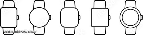 Vector illustration of smartwatch designs isolated on white, wearable tech watch outline icon collection