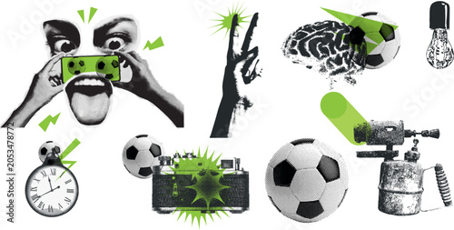 Football Halftone Collage Sticker Collection with Soccer Elements Doodles and Vintage Cutout Graphics