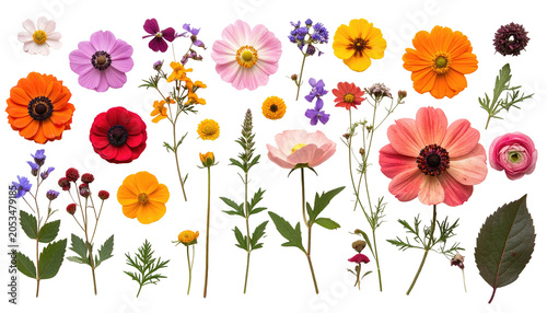 A vibrant assortment of various cut flower heads and leaves against a stark black background