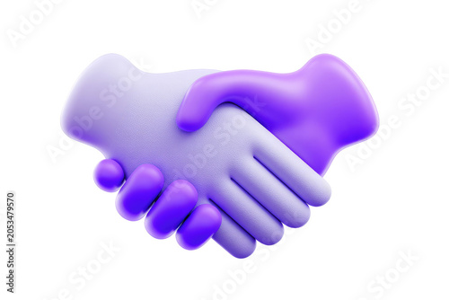 A 3D rendered image depicts two stylized hands clasped in a handshake gesture. The hands are gradient, colored in shades of purple
