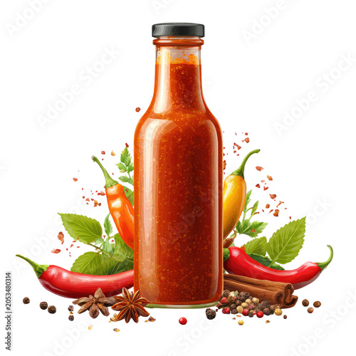 A tall glass bottle filled with a vibrant red sauce, surrounded by chili peppers, herbs, spices