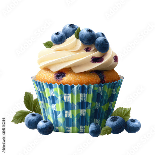 A delectable, isolated cupcake boasts creamy frosting, juicy blueberries, and a decorative blue-green checkered paper liner