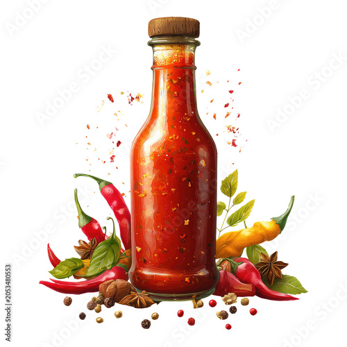 Illustration of a glass bottle filled with red sauce, surrounded by chili peppers, spices, and herbs on a black background