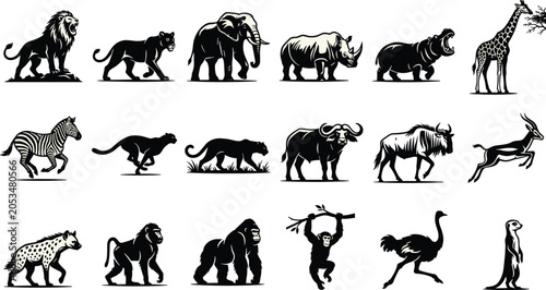 Photography African wildlife silhouette vector illustrations featuring lion, elephant, giraf