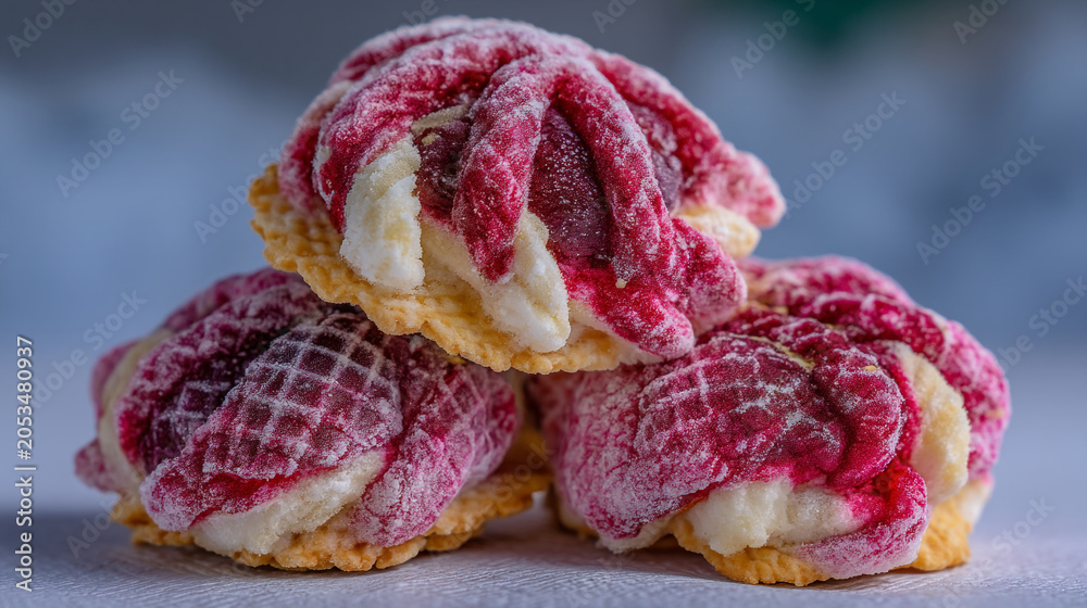Obraz premium Delicious jam filled shortbread cookies topped with glaze homemade confectionery delicious