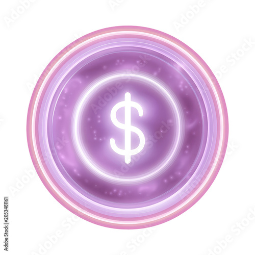 A luminescent dollar sign icon floats within a vibrant, multi-layered circular aura against a deep black background