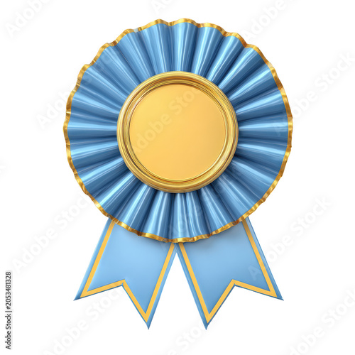 A 3D render of an ornate rosette, in light blue and gold, with cascading ribbons and a central circular area