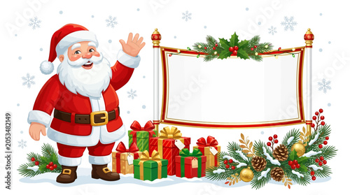 Cheerful Santa Claus Waving Beside a Blank Festive Banner with Holiday Gift Boxes and Christmas Decorations Isolated on White Background