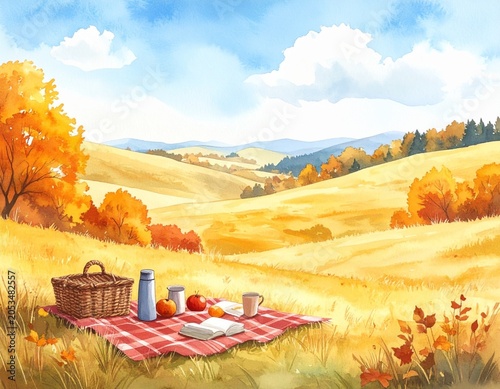 Watercolor Autumn Picnic on Golden Meadow — Cozy Fall Landscape Background Illustration