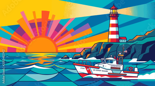 Lighthouse coast guard vessel at sunrise vector illustration
