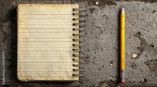 Worn spiral notebook and yellow pencil rest on a textured concrete surface