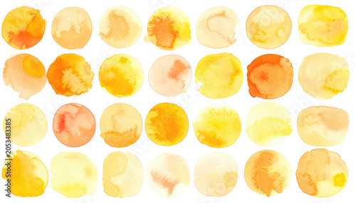 A grid of 36 watercolor circles in varied shades of orange and yellow, each with unique textures and subtle color variations