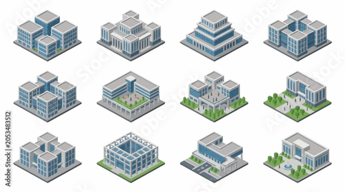 Collection of isometric modern office buildings and city architecture elements.