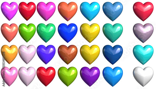 A grid of 3D, glossy hearts in a spectrum of vibrant colors. They are arranged in rows and columns, creating a symmetrical pattern