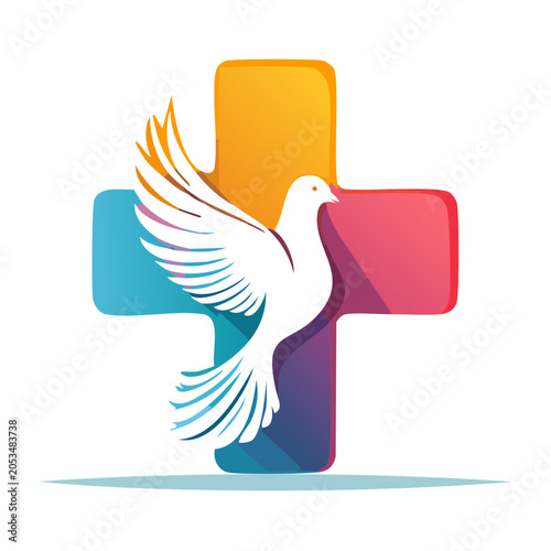 White dove flying over colorful cross illustration